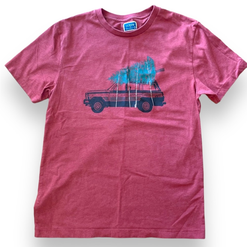 J Crew T shirt short sleeve Christmas tree wagon car S unisex